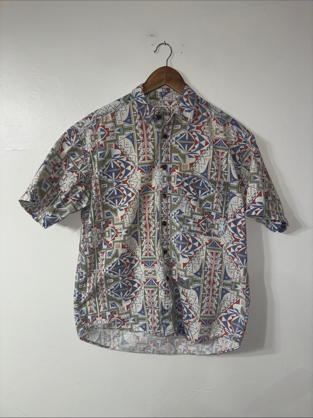 Levi's Vintage 80s Sleeve Button-Down Camp Shirt White Blue Green Mens Medium